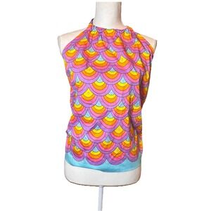 Trina Turk XL Multicolor Mod Halter Top Retro 60s Geometric Open Back NWT